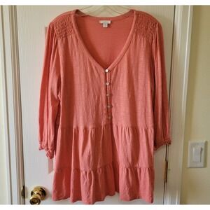 J Jill Coral Blouse Top Large Smocked Shoulder 3/4 Sleeve Stretch Tiered